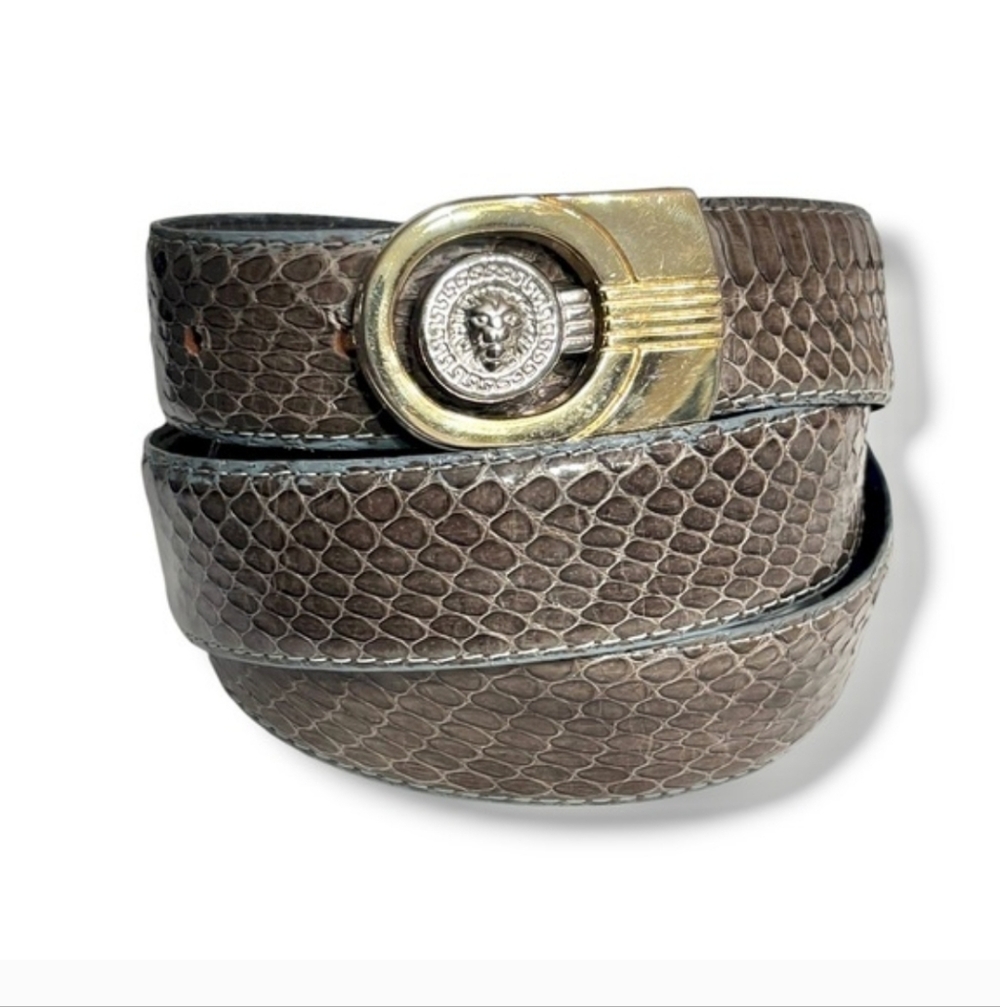 VINTAGE Grey Snakeskin Dress Belt Lion Head Buckle